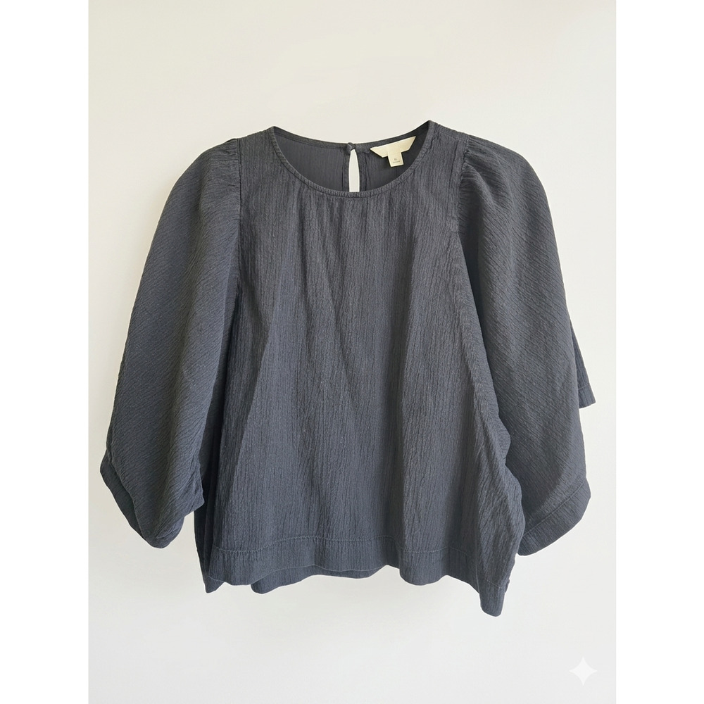Levi’s Black Seersucker Puff Sleeve Keyhole Back Blouse Top Large Y2K Style